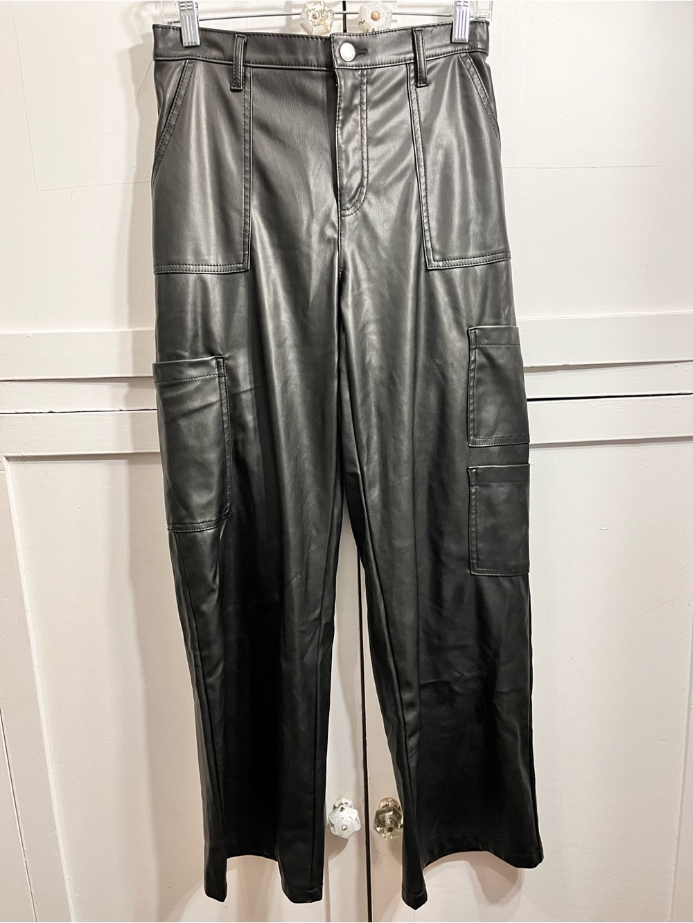 No Boundaries Black Faux Leather Straight-Leg Cargo Pants